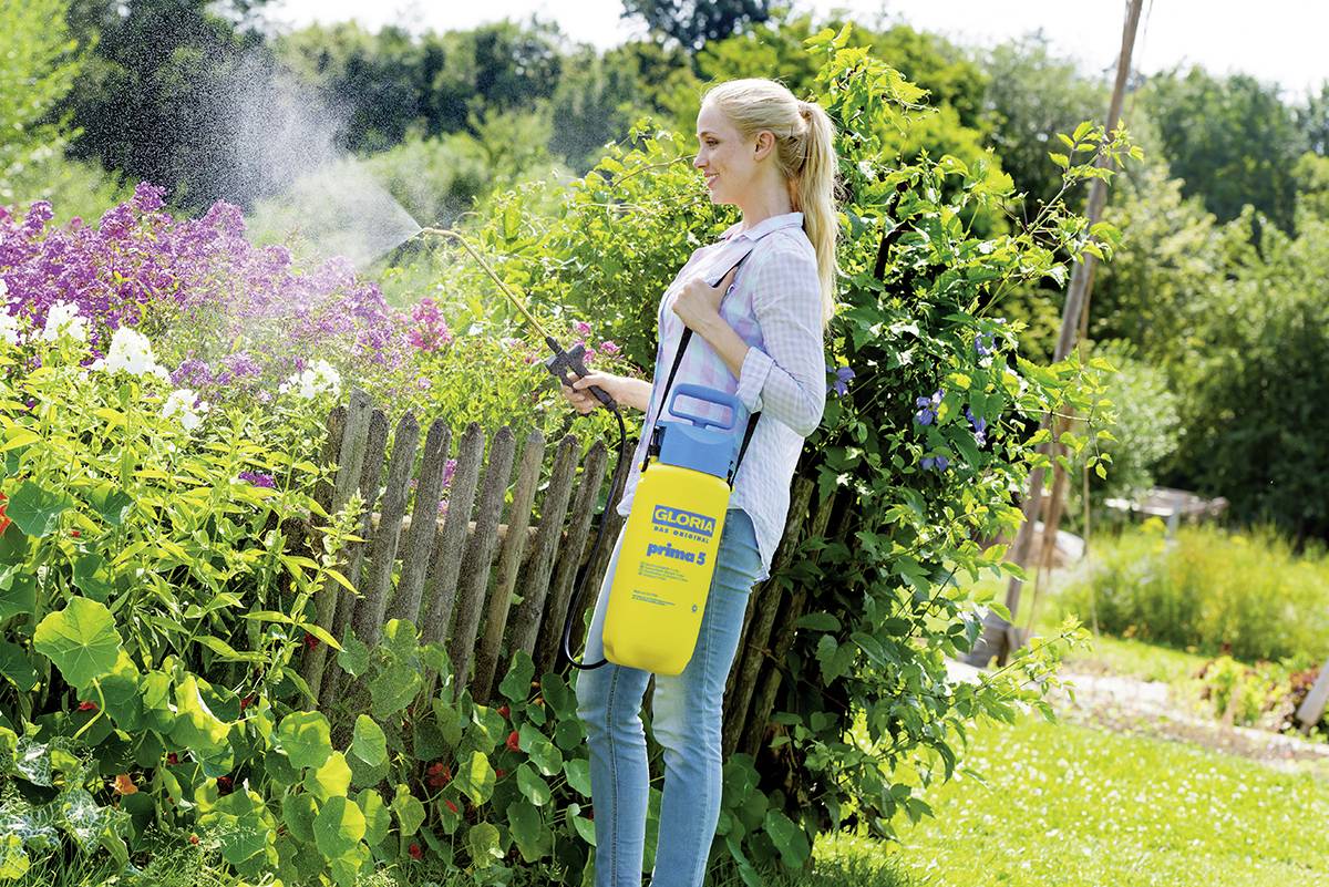 Een vrouw geeft planten in een tuin met een geel-blauwe sproeier. Ze staat naast een houten hek met bloeiende struiken.