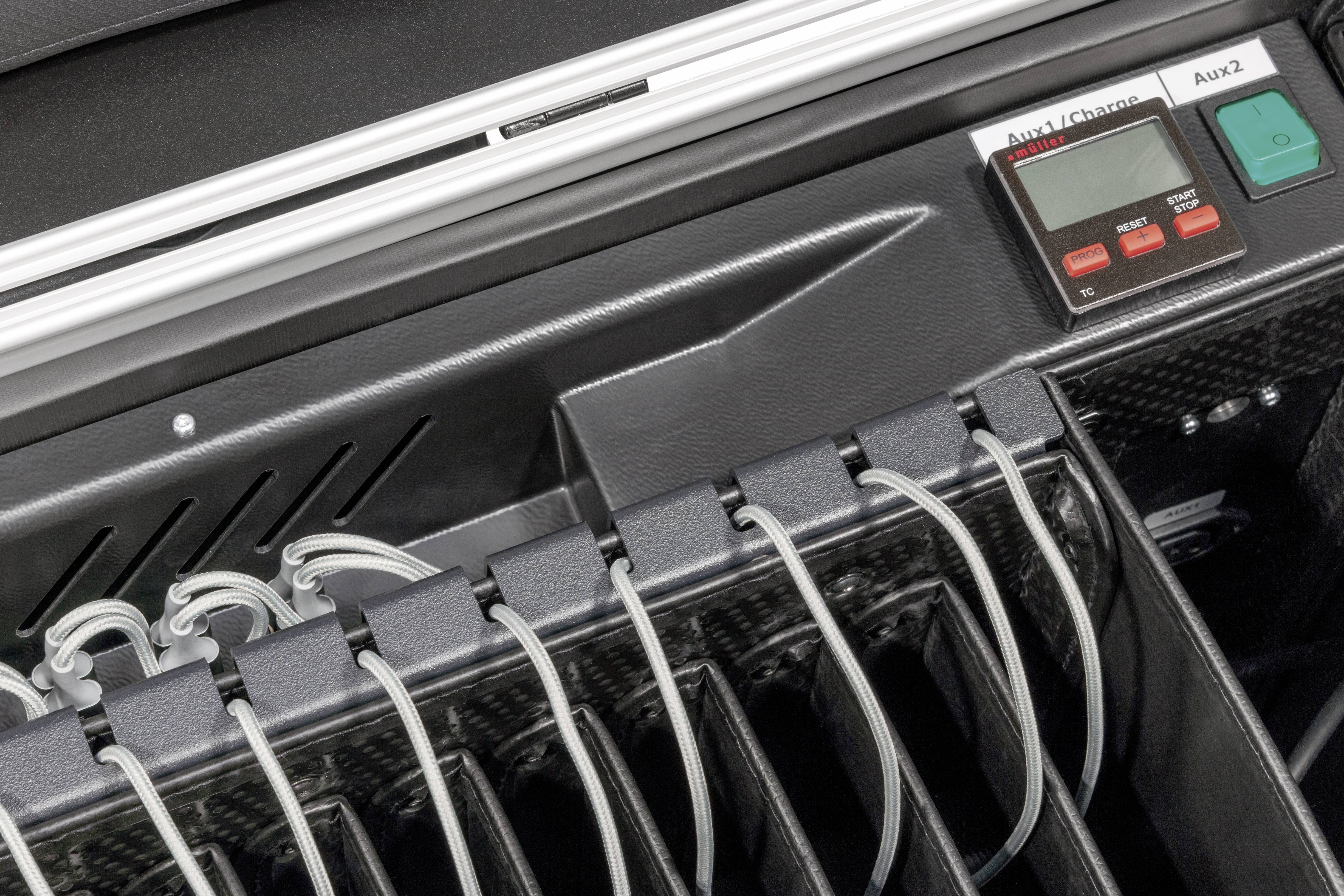 Een elektronisch apparaat met meerdere kabelaansluitingen. Display toont 'Aux 1 Charged' en 'Aux 2'. Groene en rode knoppen zichtbaar.