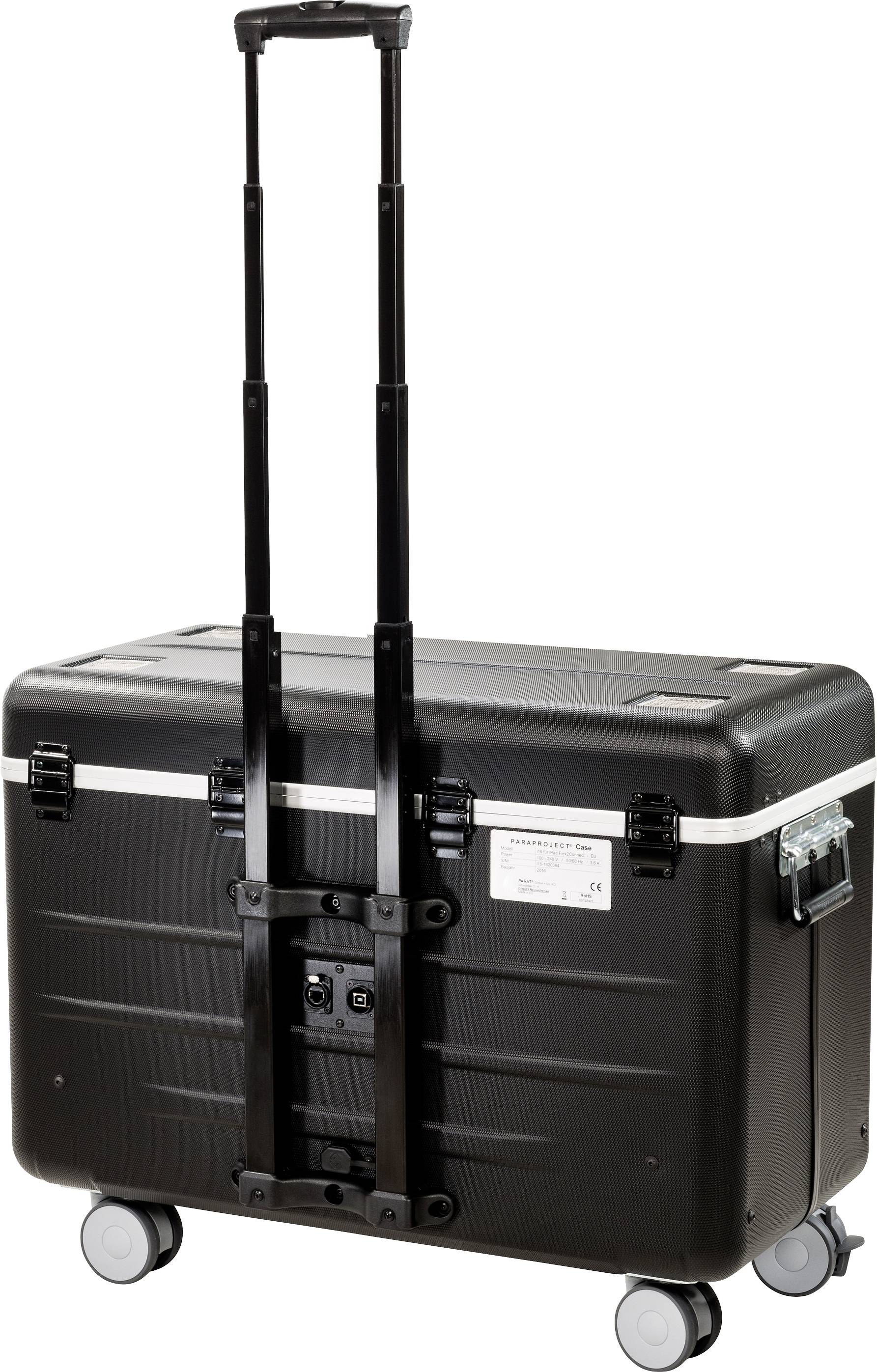 Een zwarte, robuuste trolley met uittrekbaar handvat en vier wielen. De koffer heeft metalen sluitingen en een naamplaatje.