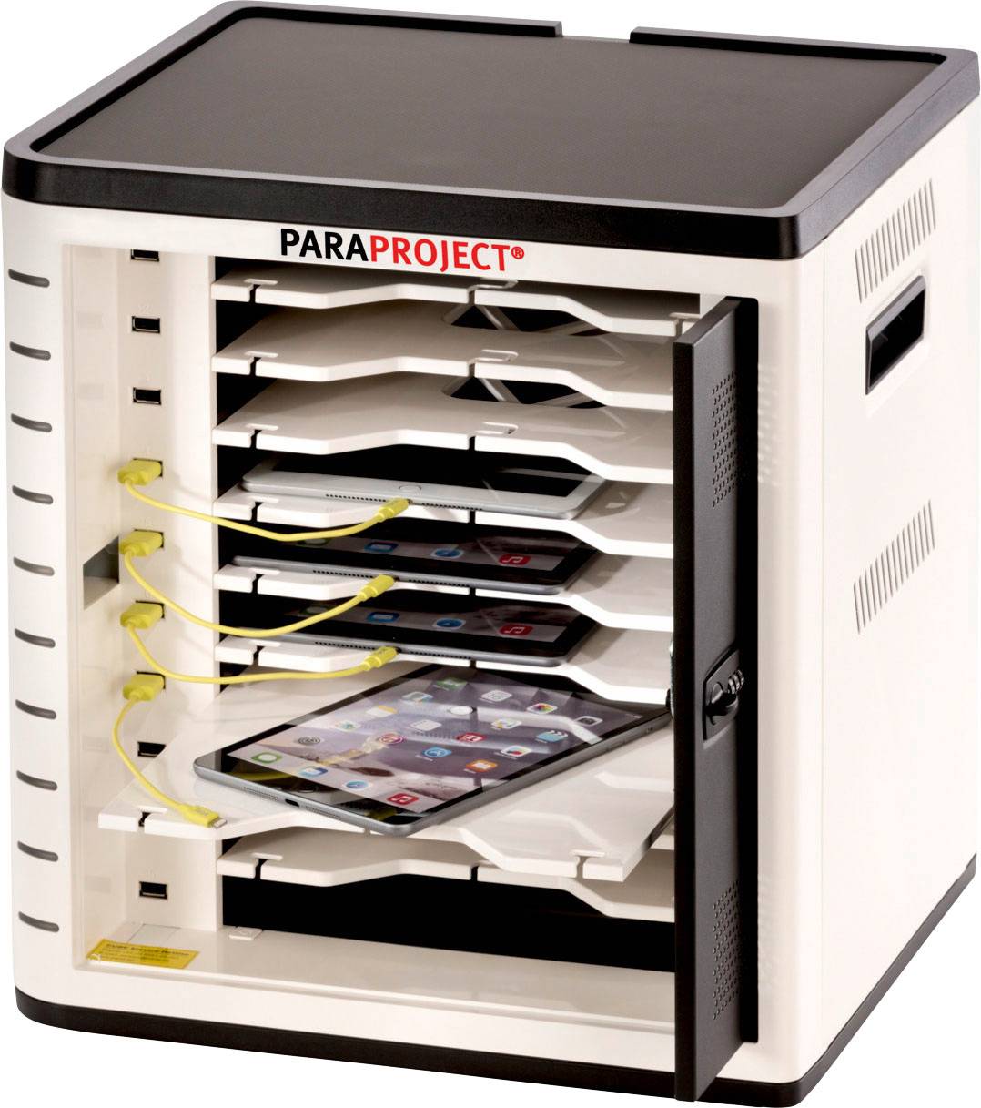 Apparaat voor veilige opslag en opladen van tablets; meerdere tablets liggen in open vakken met oplaadkabels.