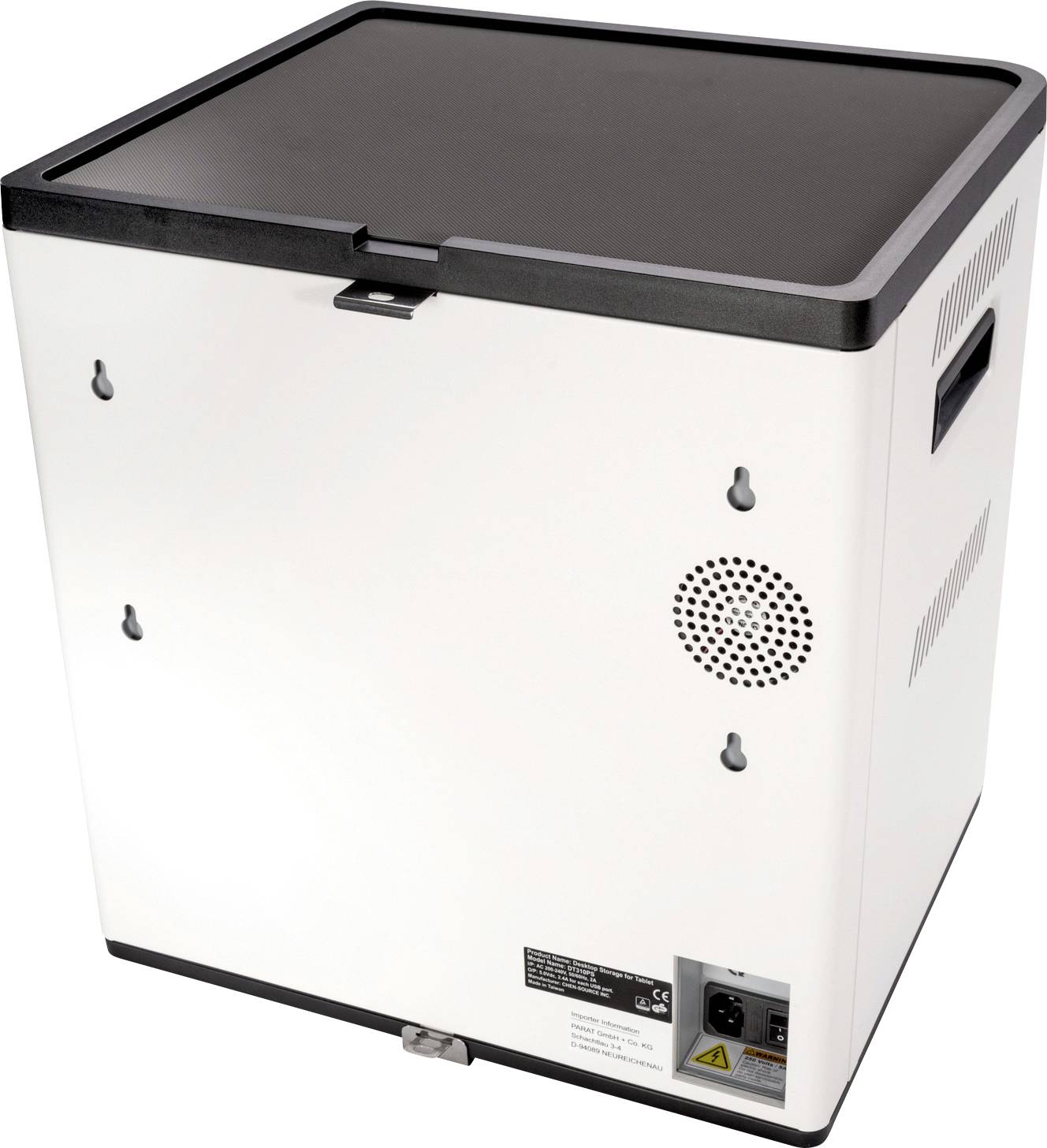 Een witte, vierkante luchtreiniger met een zwarte bovenkant, ventilatiesleuven aan de zijkant en een bedieningspaneel aan de achterkant.