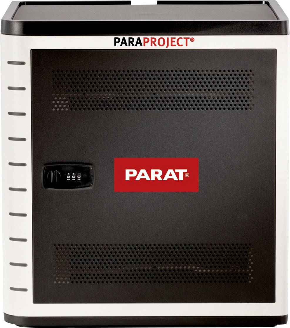 'PARAT' Transportkoffer voor elektronische apparaten; zwart-wit behuizing met cijferslot en handgreep; geschikt voor veilig transport.