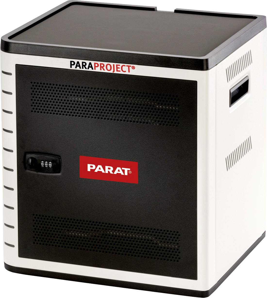 Een witte, rechthoekige laadkast van PARAT met een zwart ventilatierooster, cijferslot en handgrepen aan de zijkanten.