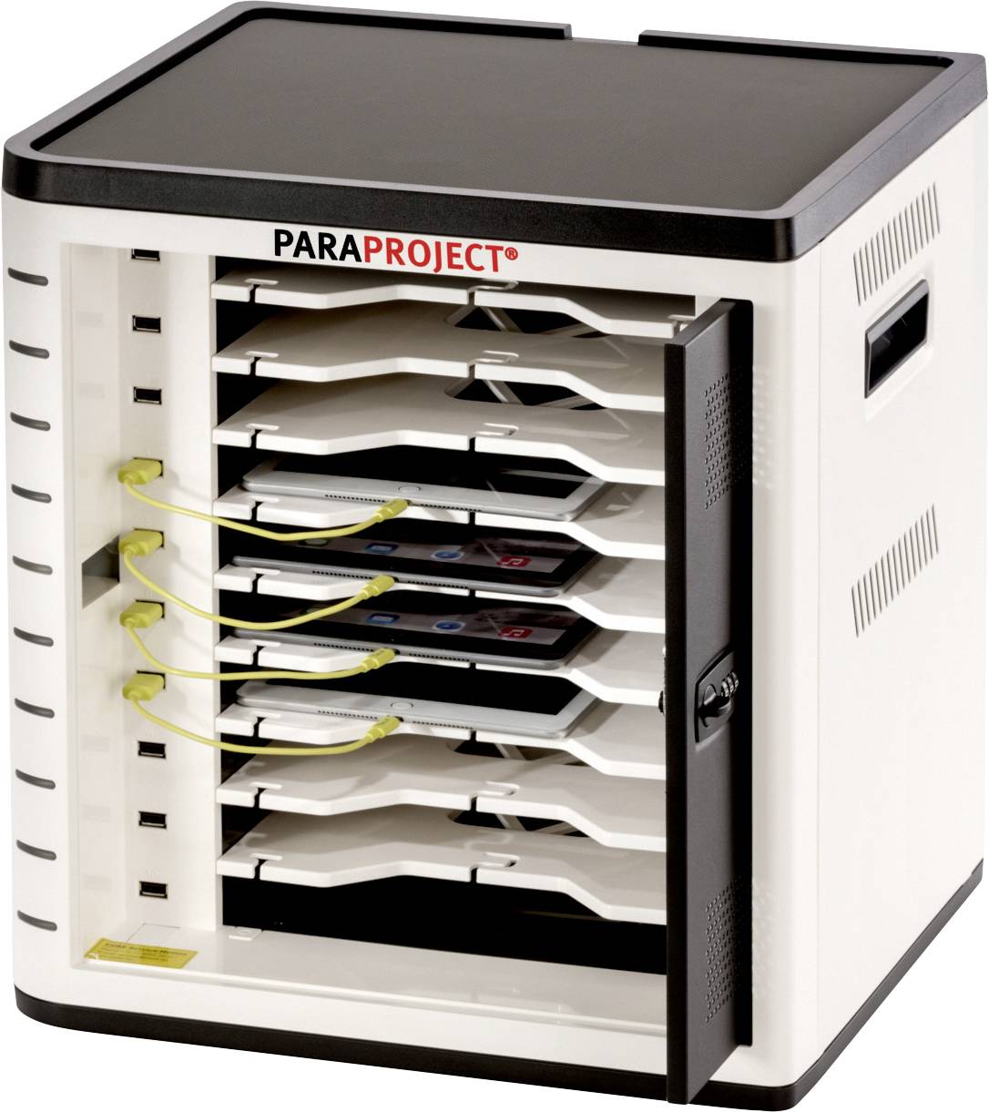 Een witte opbergkast met de tekst 'PARAPROJECT' op de bovenkant, bevat meerdere oplaadcompartimenten voor tablets.