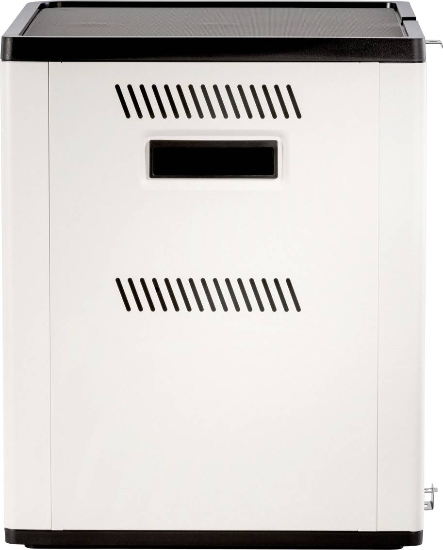 Een moderne, witte luchtontvochtiger met ventilatiesleuven en een geïntegreerde handgreep aan de voorkant.