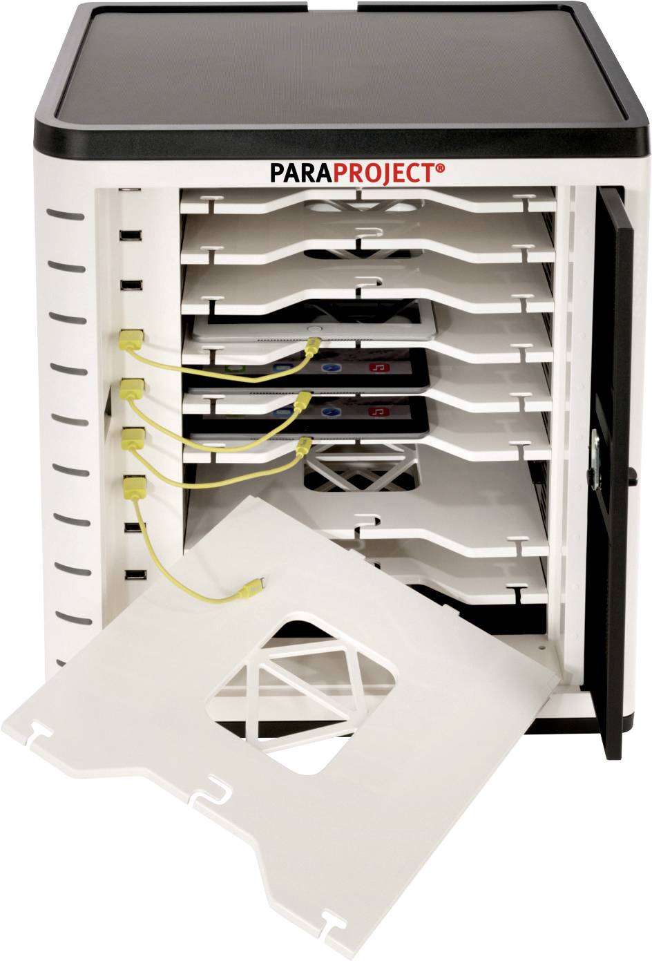 Een open opslagsysteem met meerdere vakken waarin elektronische apparaten kunnen worden opgeladen. Bovenaan staat 'PARAPROJECT'.