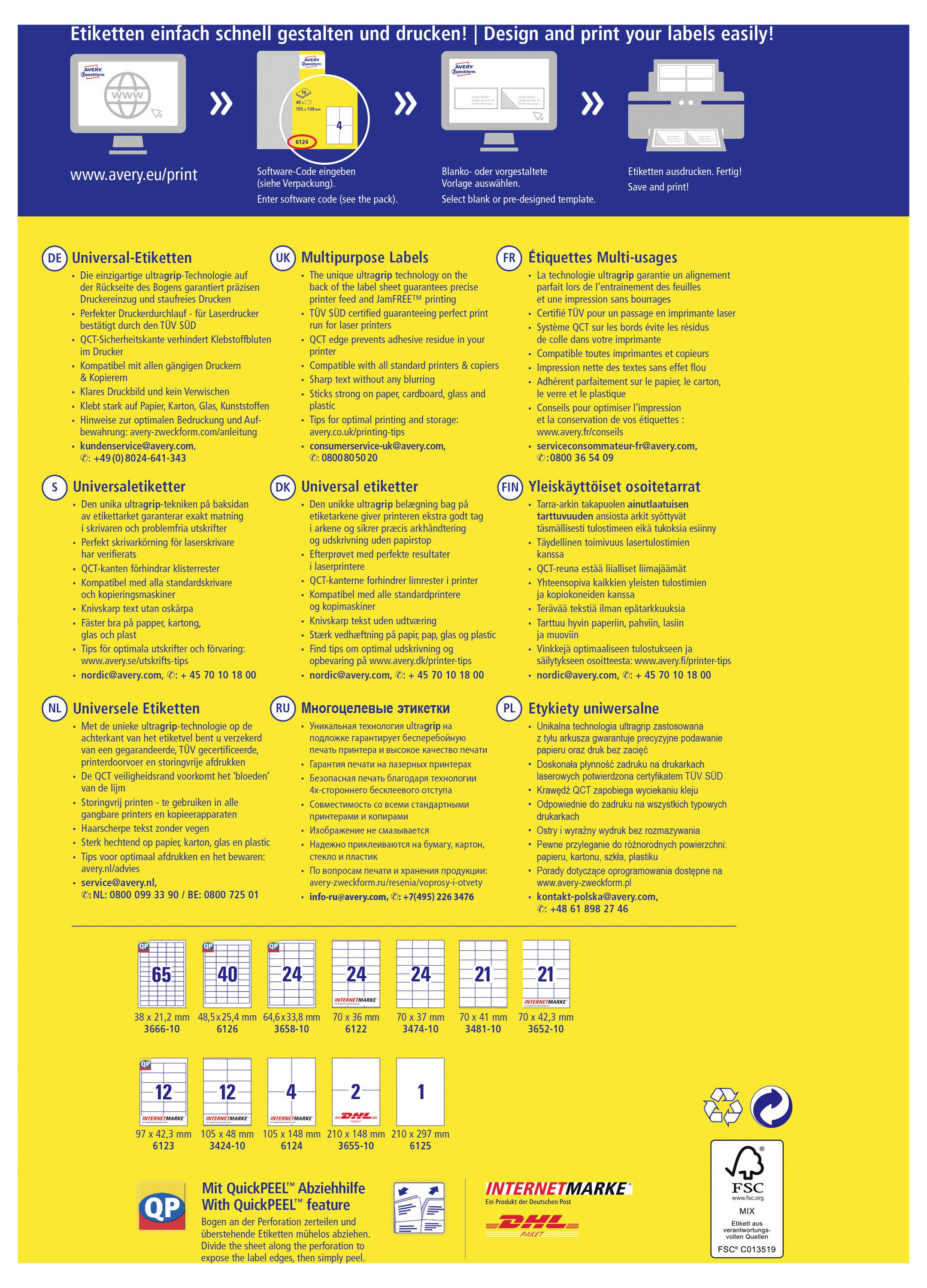 Een meertalig labelafdruk-flyer met vier-staps installatie bovenaan, negen labelcategorieën in het midden en formaat-/voorbeeldlabels plus printer- en verzendlogo's onderaan.
