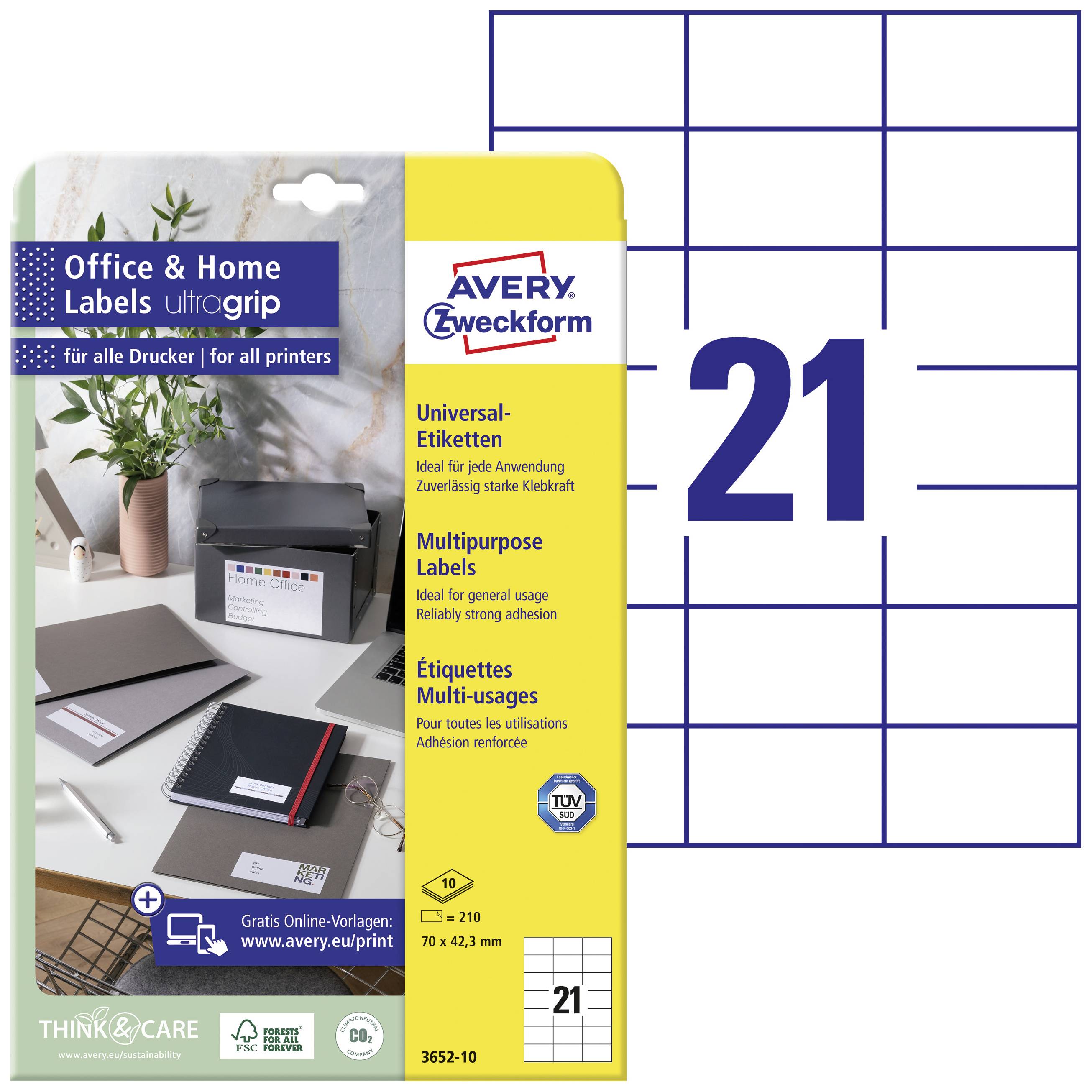 Verpakking van Avery Zweckform universele etiketten met ultra-sterke hechting, geschikt voor verschillende toepassingen. Formaat: 70 x 42,3 mm.