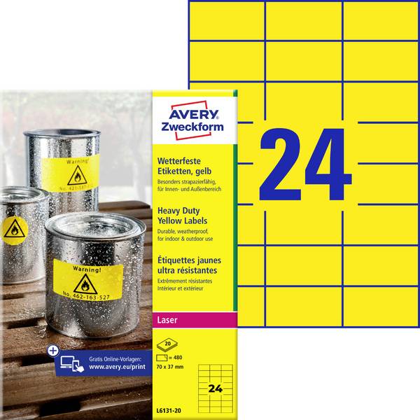 Avery-Zweckform L6131-20 Folie-etiketten 70 x 37 mm Polyester folie Geel 480 stuk(s) Permanent hechtend Laser (kleur), Laser (zwart/wit), Kopiëren (kleur), Kopiëren (zwart/wit), Handschriften