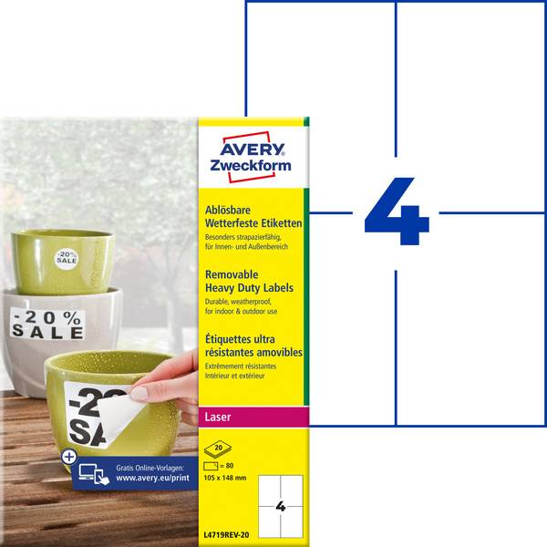 Avery-Zweckform L4719REV-20 Folie-etiketten 105 x 148 mm Polyester folie Wit 80 stuk(s) Weer verwijderbaar Laser (kleur), Laser (zwart/wit), Kopiëren (kleur), Kopiëren (zwart/wit), Handschriften