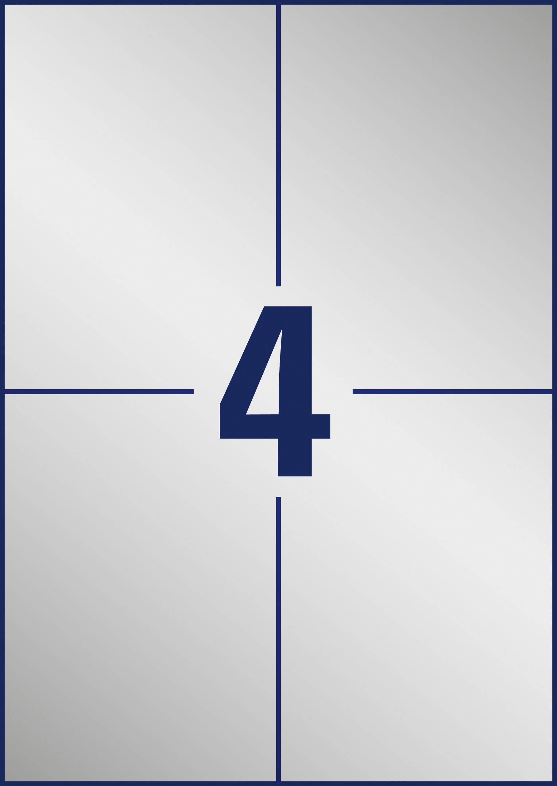 Getal '4' in donkerblauw op een metallic grijze achtergrond met lijnen die het oppervlak in vier gebieden verdelen.