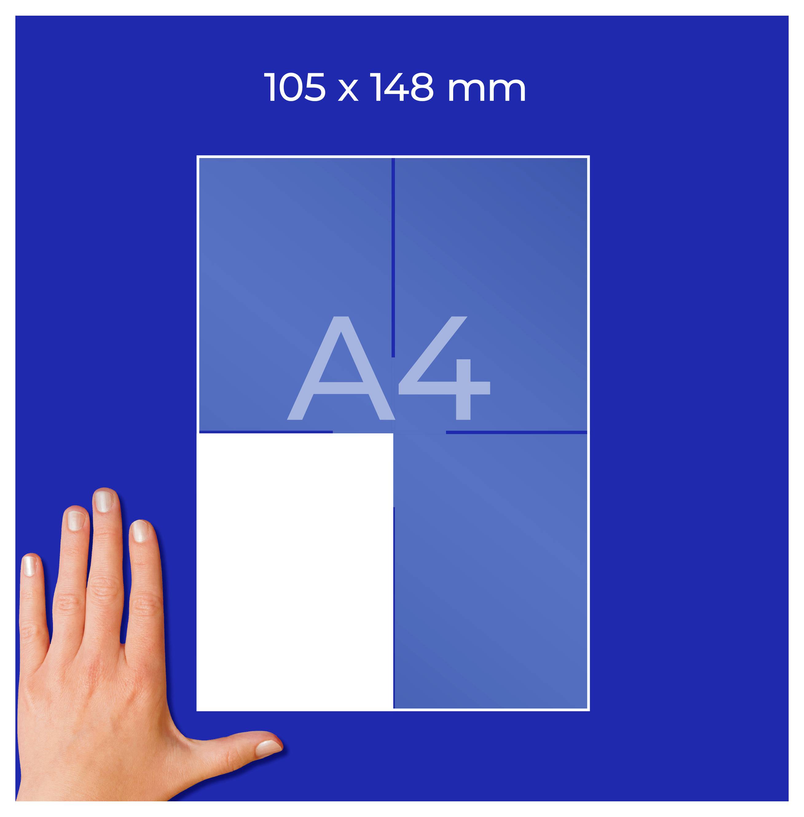 Grafiek van een A4-formaat met de aanduiding '105 x 148 mm' en een witte sectie linksonder; een hand illustreert de grootte.
