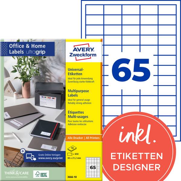 Avery-Zweckform 3666-10 Universele etiketten 38 x 21.2 mm Papier Wit 650 stuk(s) Permanent hechtend Inkjet, Laser (zwart/wit), Laser (kleur), Kopiëren (zwart/wit), Kopiëren (kleur), Handschriften