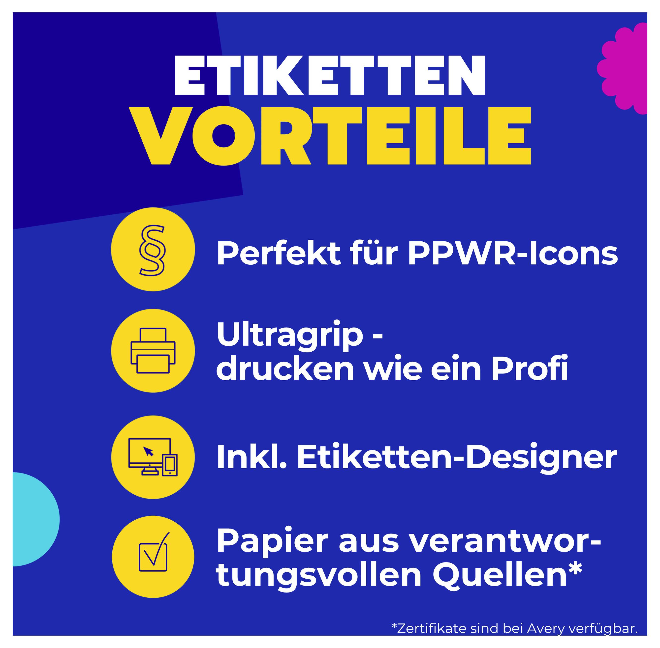 'Office & Home Labels Ultragrip', Universele etiketten voor printers. Bevat 10 vellen, geschikt voor verschillende toepassingen. Avery Zweckform.