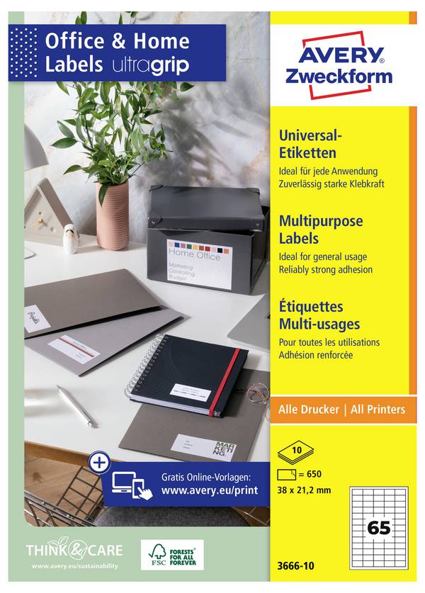 Avery-Zweckform 3666-10 Universele etiketten 38 x 21.2 mm Papier Wit 650 stuk(s) Permanent hechtend Inkjet, Laser (zwart/wit), Laser (kleur), Kopiëren (zwart/wit), Kopiëren (kleur), Handschriften