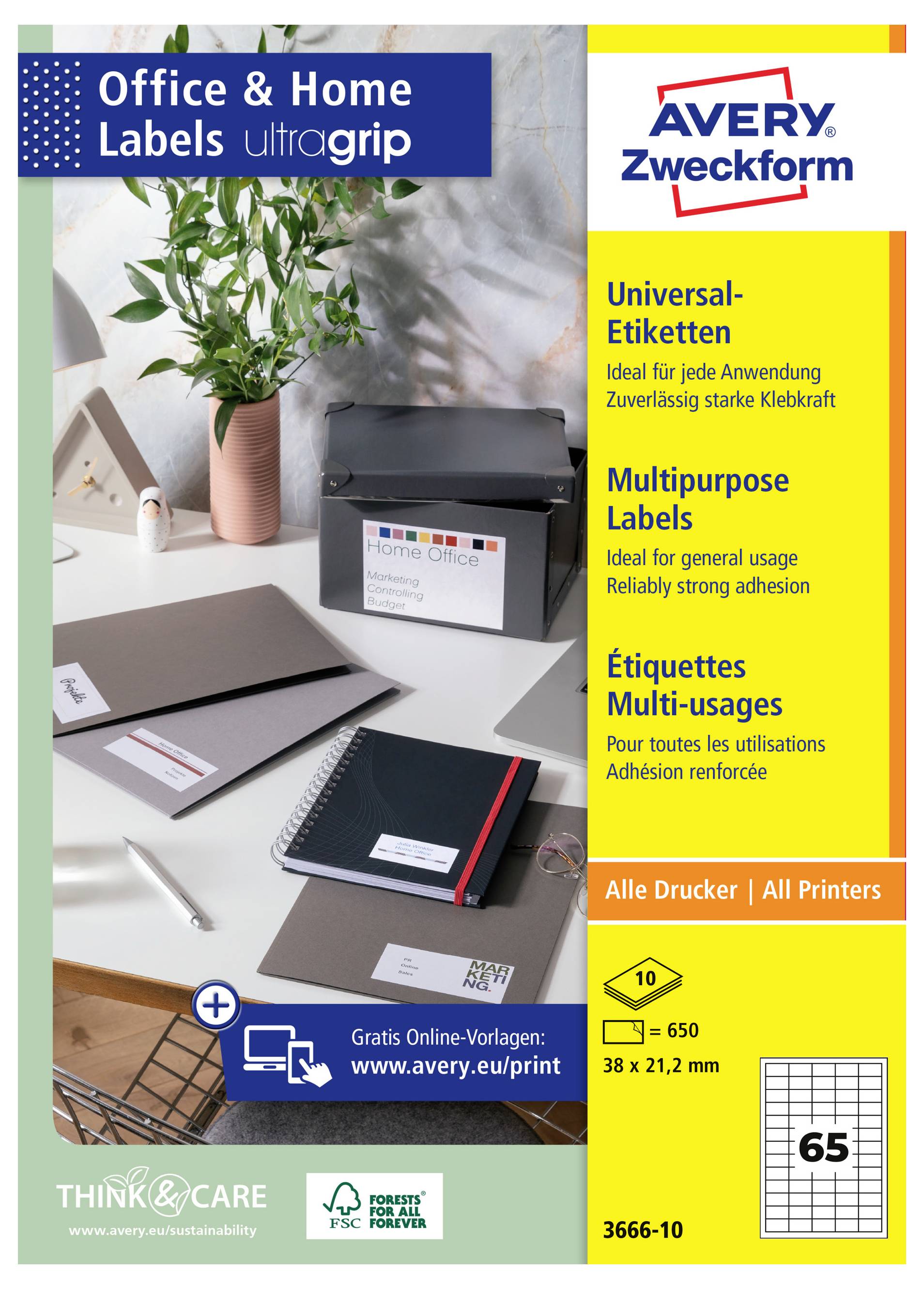 Avery Zweckform 'Office & Home Labels ultragrip' verpakking met universele, multifunctionele etiketten voor alle printers, met etiketformaat 38 x 21,2 mm en productcode 3666-10.