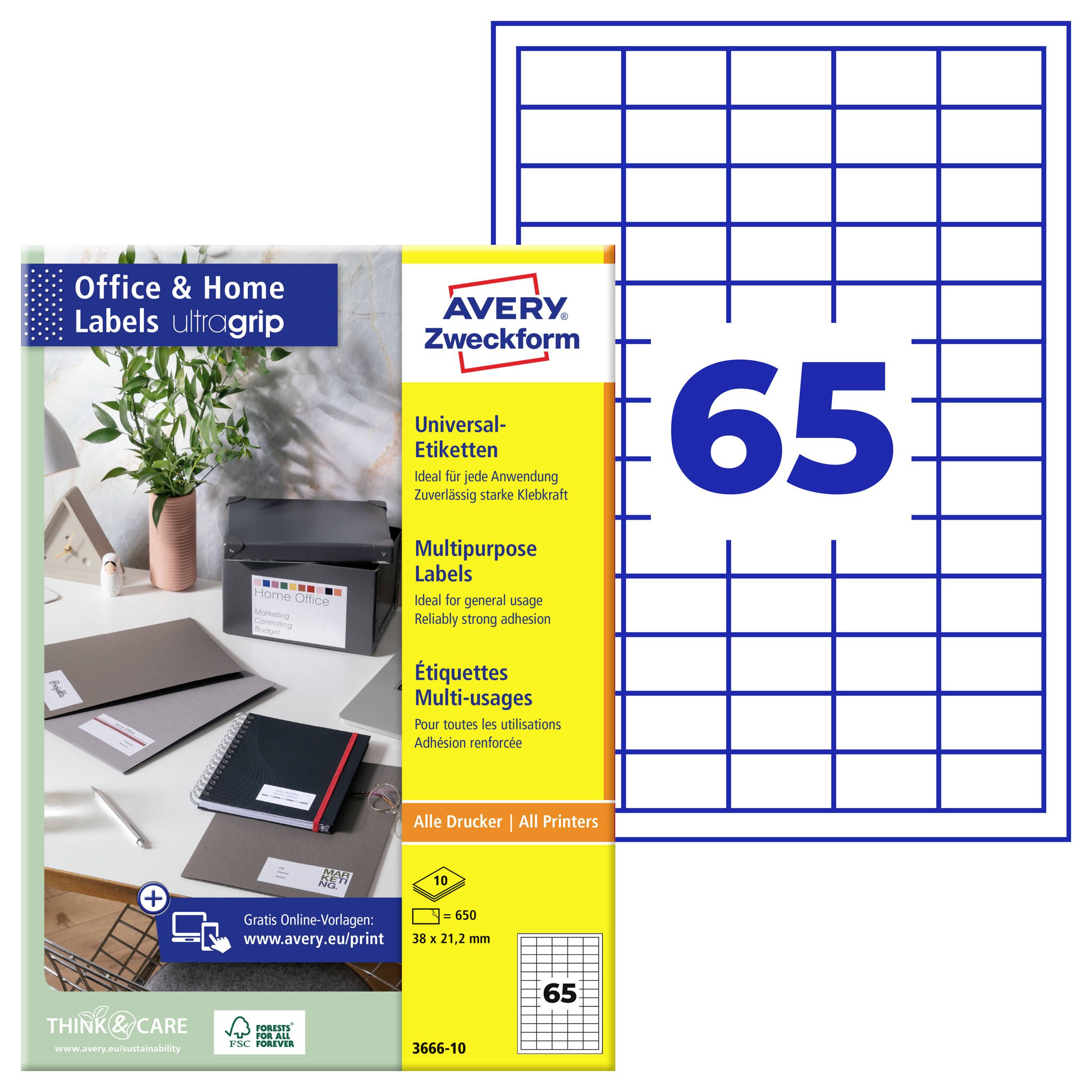 Avery Zweckform kantoor- en huishoudens multifunctioneel etiketpakket, formaat 38 x 21,2 mm, 65 etiketten per vel, voor alle printers.