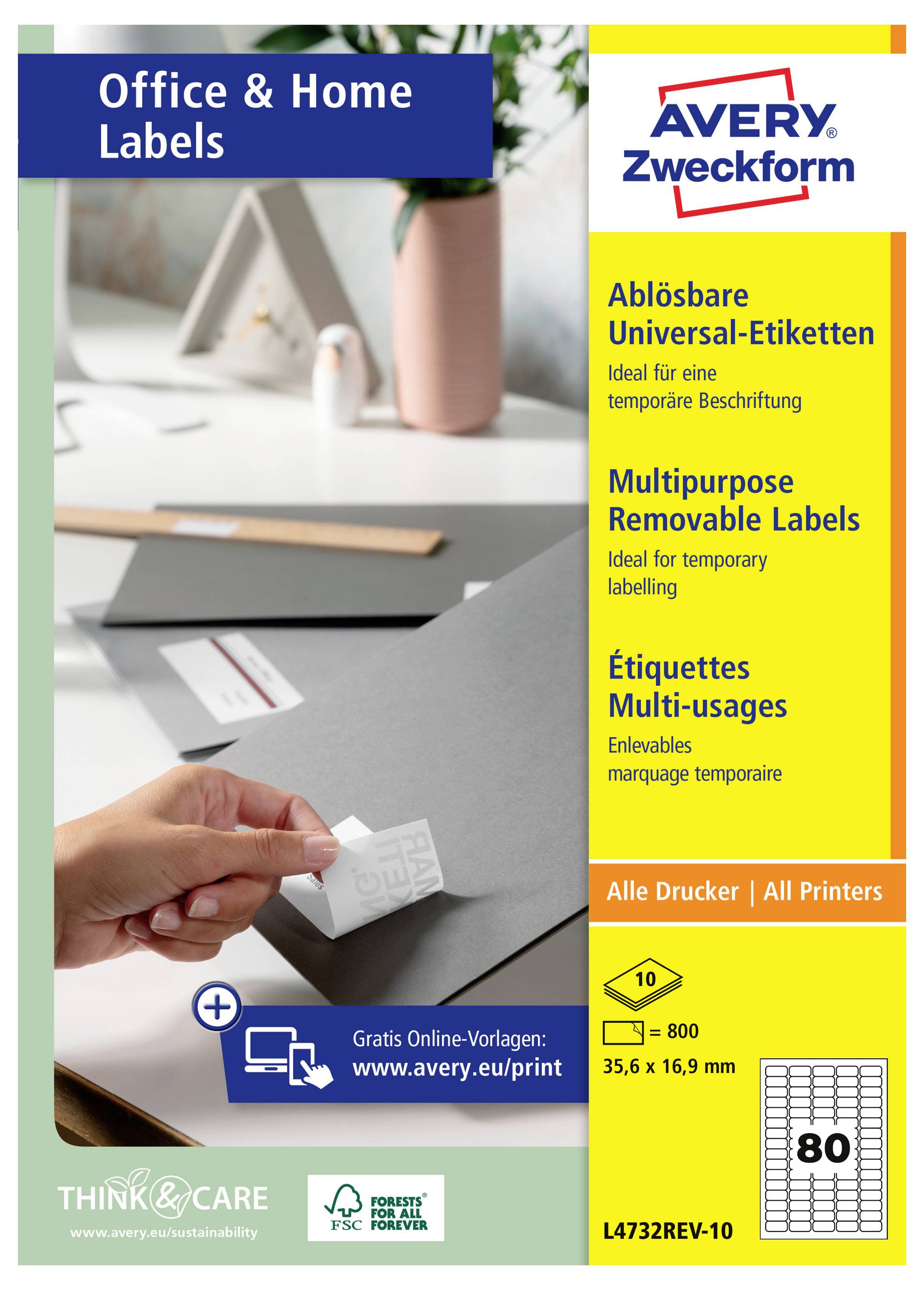 Avery Zweckform 'Office & Home Labels' pakket voor verwijderbare, herbruikbare etiketten, 35,6 x 16,9 mm, 80 etiketten per vel, voor alle printers.