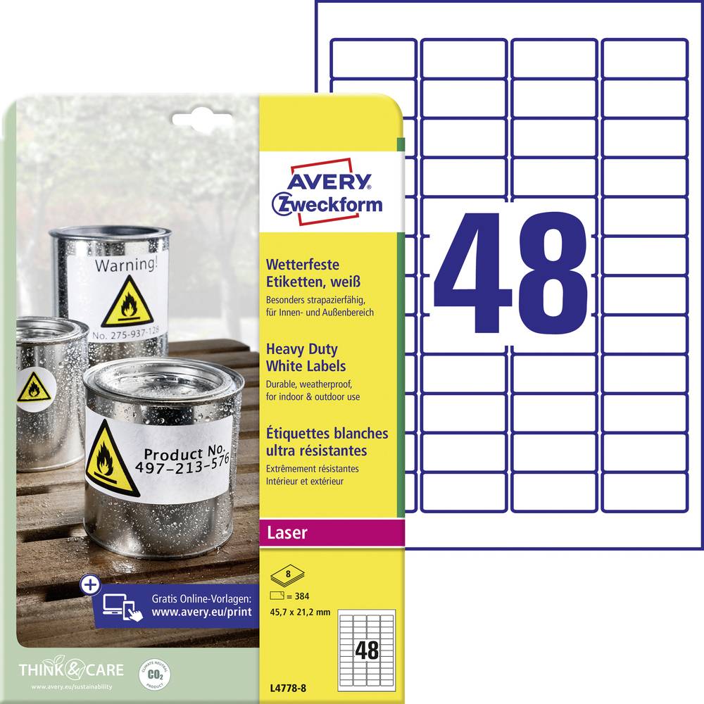 Avery-Zweckform L4778-8 Etiketten 45.7 x 21.2 mm Polyester folie Wit 384 stuk(s) Permanent Universele etiketten, Weerbe
