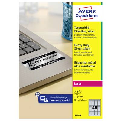 Avery Zweckform zilver zware-duty laserprinter-etiketten verpakking, met duurzame weersbestendige 'EIGENDOM VAN' laptopetiketten, 45.7 x 21.2 mm, 48 per vel.