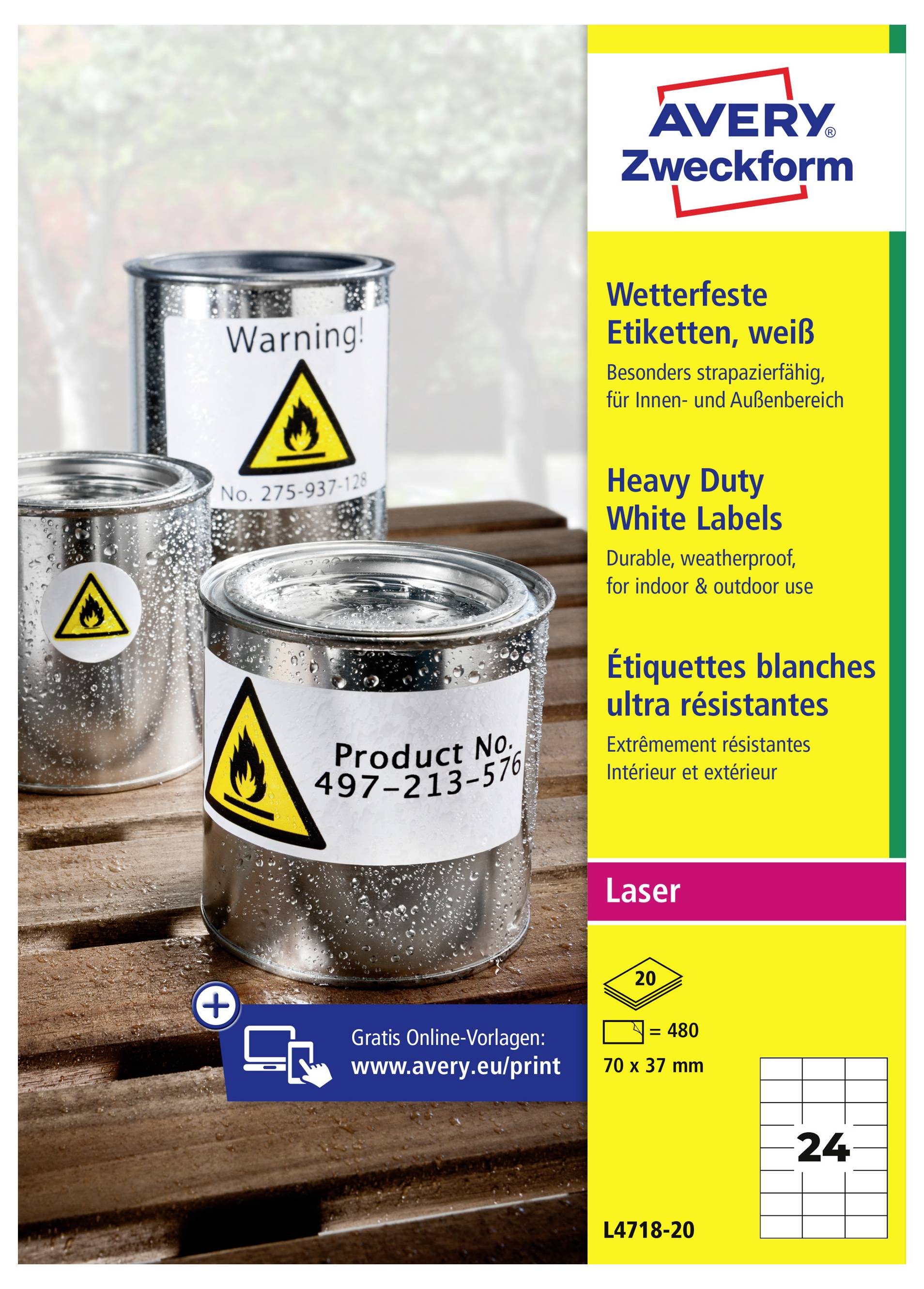 Avery Zweckform waterdichte witte zware laser etiketten, 70 x 37 mm, 24 per vel, weergegeven op metalen blikken met waarschuwingsetiketten.