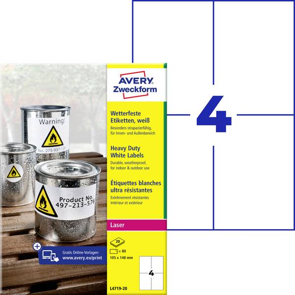 Avery-Zweckform L4719-20 Folie-etiketten 105 x 148 mm Polyester folie Wit 80 stuk(s) Permanent hechtend Laser (kleur), Laser (zwart/wit), Kopiëren (kleur), Kopiëren (zwart/wit), Handschriften