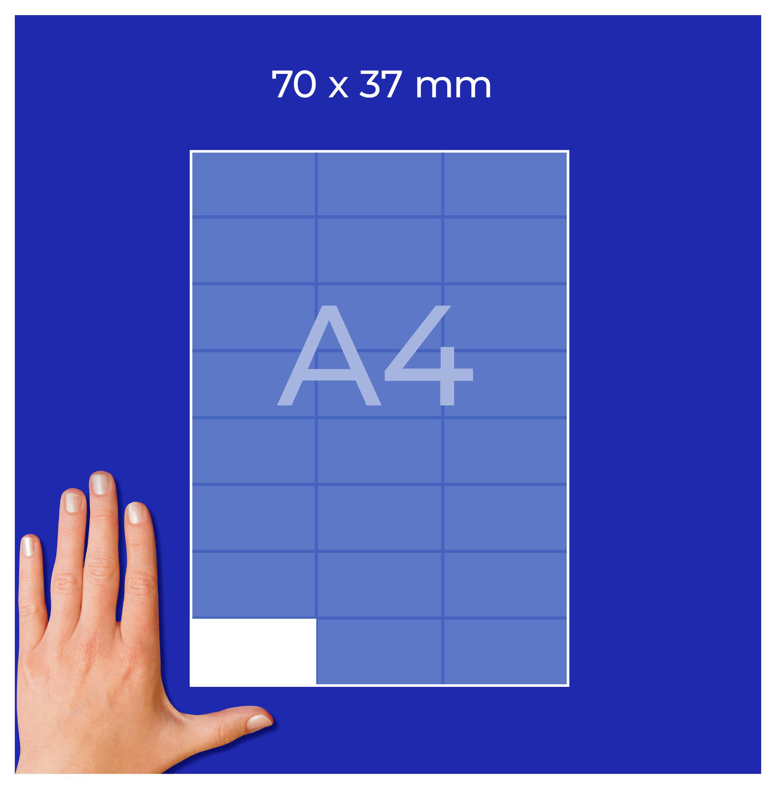 Grafiek toont een A4-vel met markering '70 x 37 mm'; linksonder illustreert een hand de grootte in vergelijking.