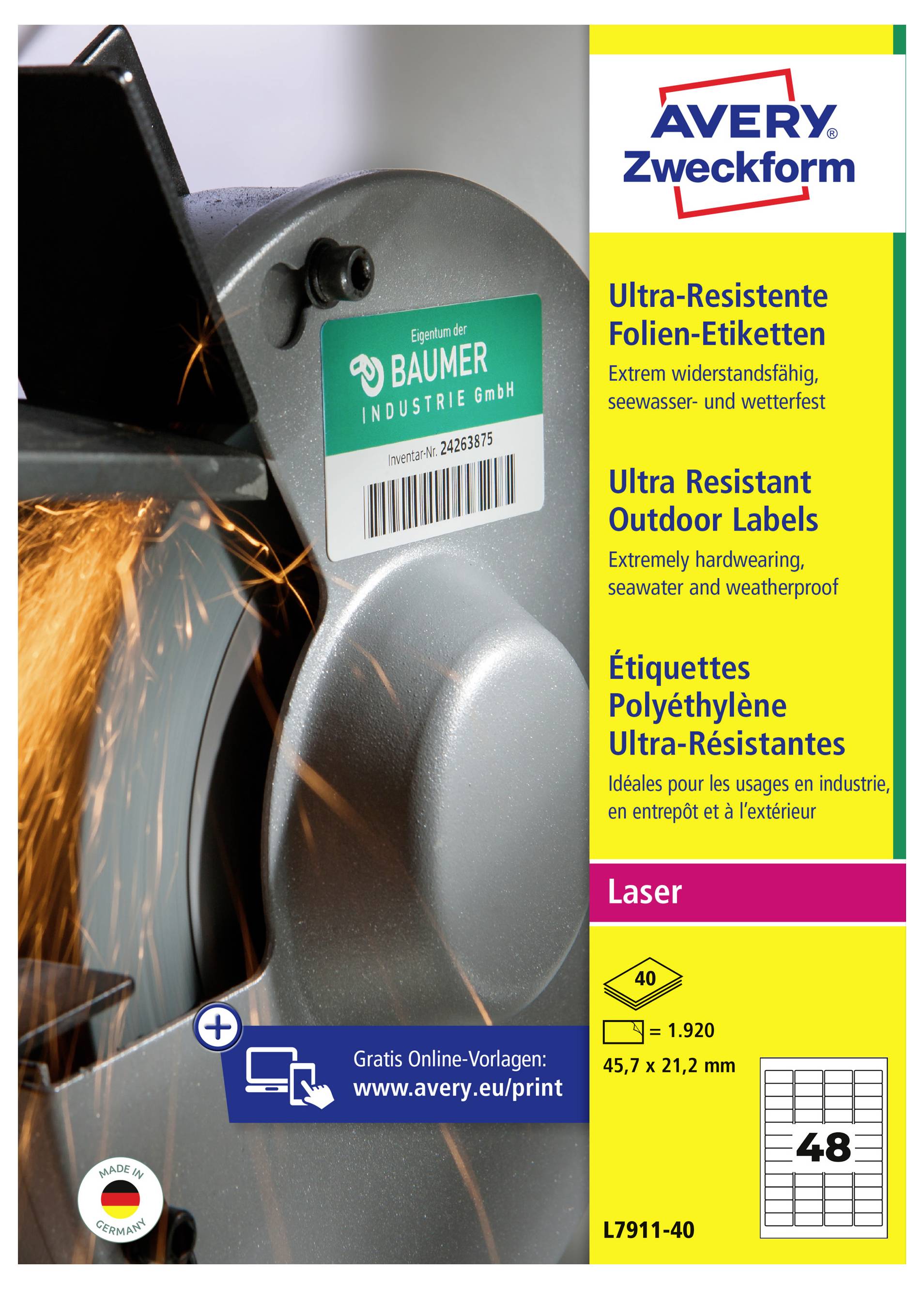 Avery Zweckform ultra-resistente outdoor laser etiketten, weergegeven op een machineonderdeel met vonken; verpakkingstekst benadrukt weerbestendig, 45,7 x 21,2 mm, 48 etiketten.