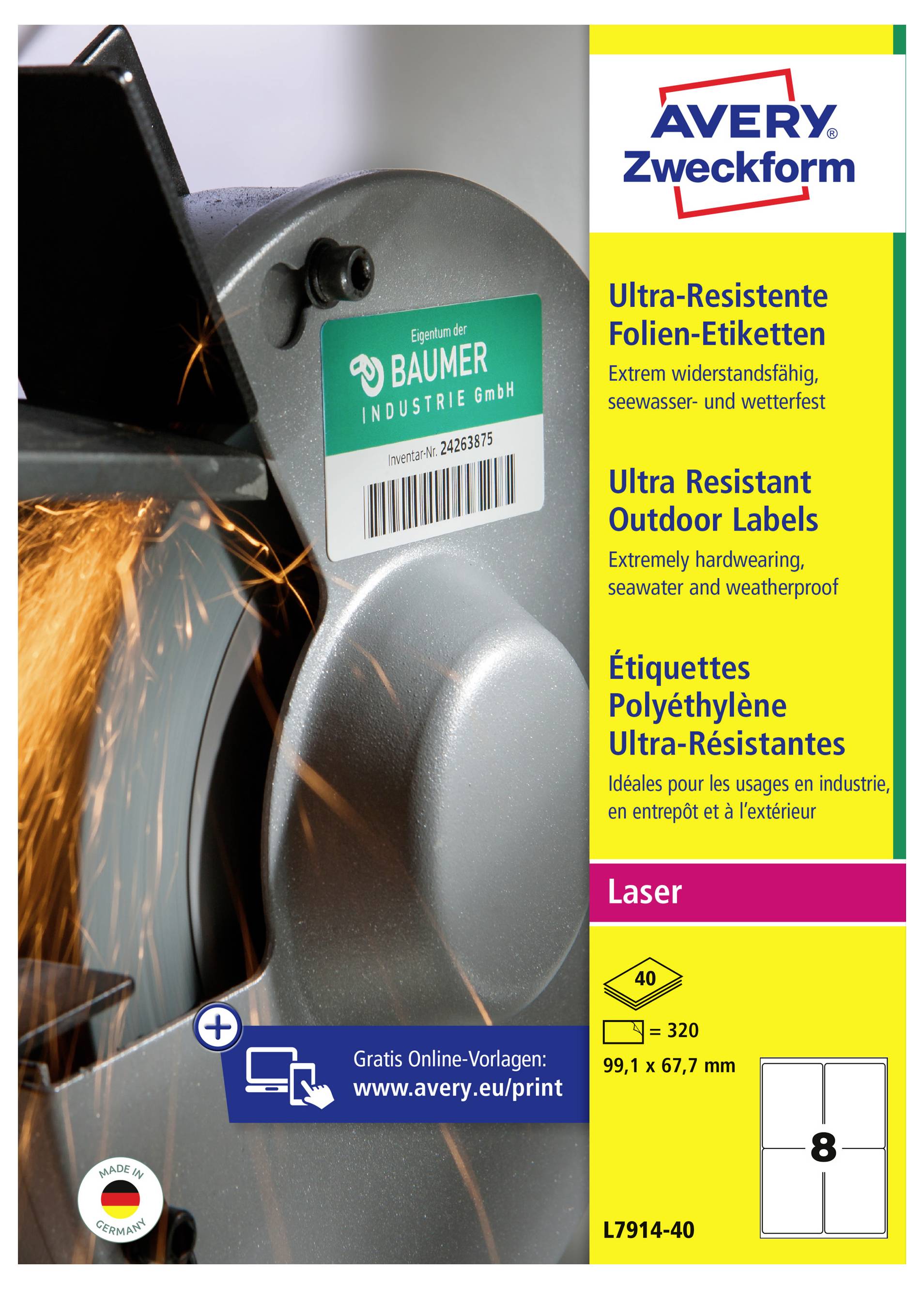 Avery Zweckform ultra-resistente buitenlabels voor laserprinters, afgebeeld op een metalen onderdeel met een voorbeeldbarcodelabel 'BAUMER' en productgrootte 99,1 x 67,7 mm.