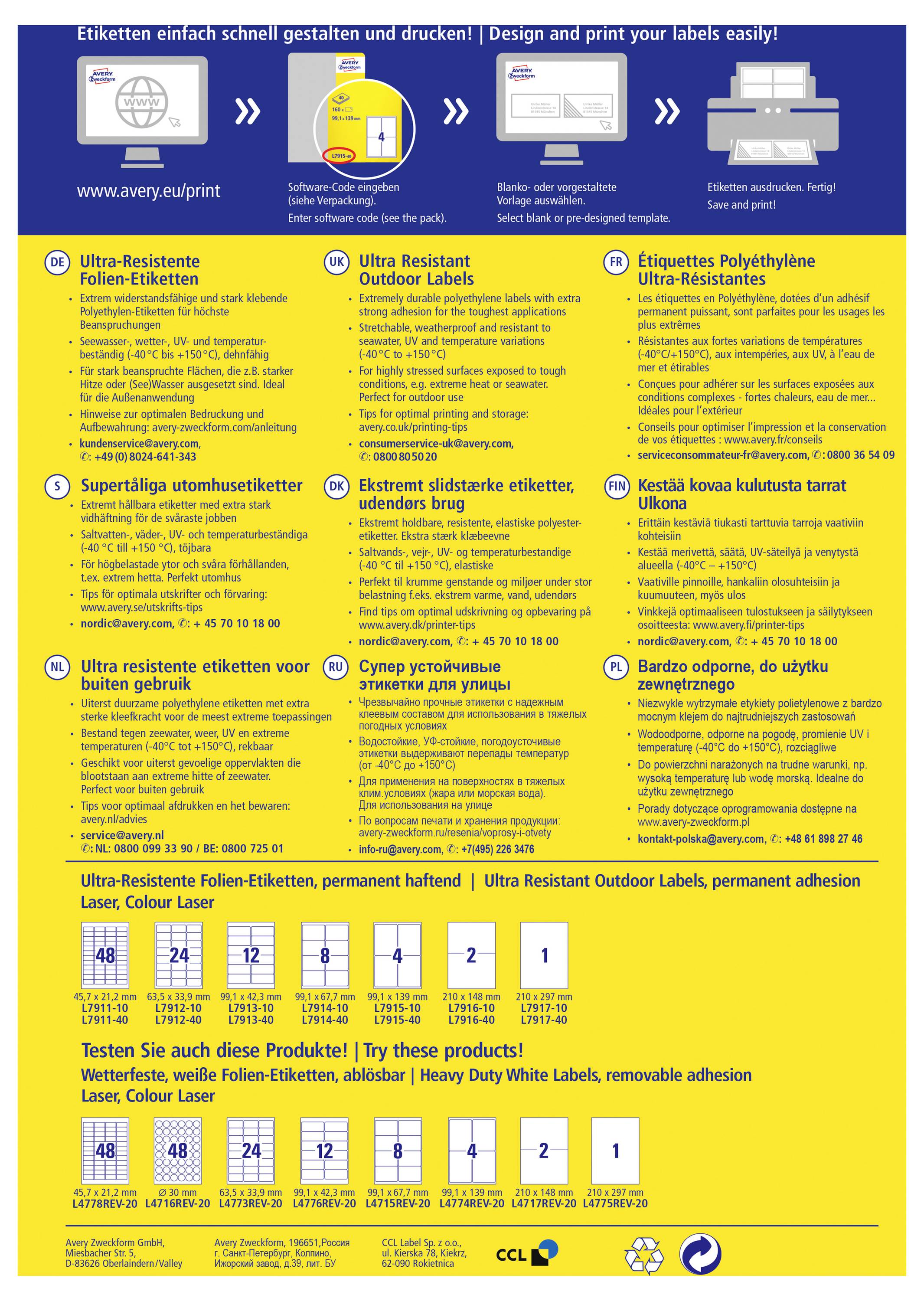 Poster met advertentie voor Avery-etikettenprintproducten, met zes ultra-resistente etikettypen met meertalige beschrijvingen en voorbeeldetiketten op een gele achtergrond.