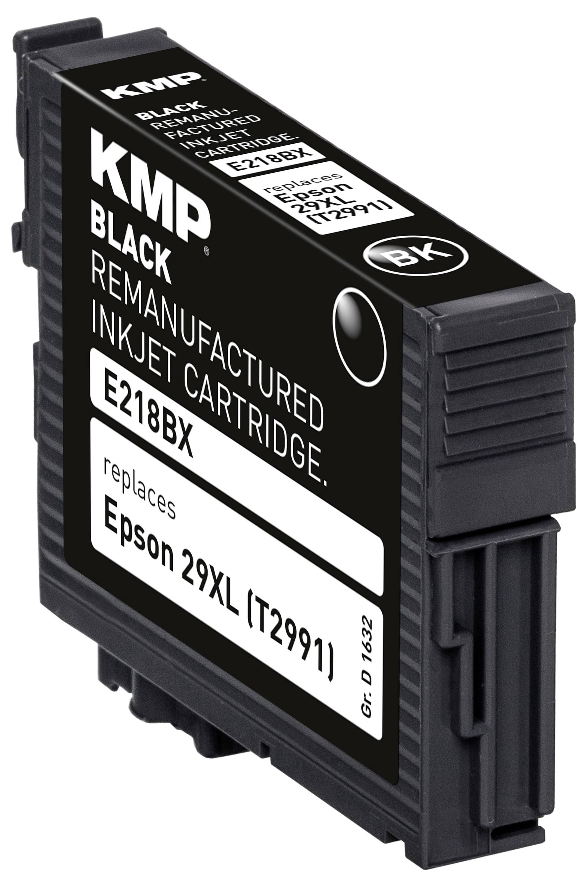 'KMP Black E218BX gereconditioneerde inktcartridge, vervangt Epson 29XL (T2991)' op een zwarte cartridge.