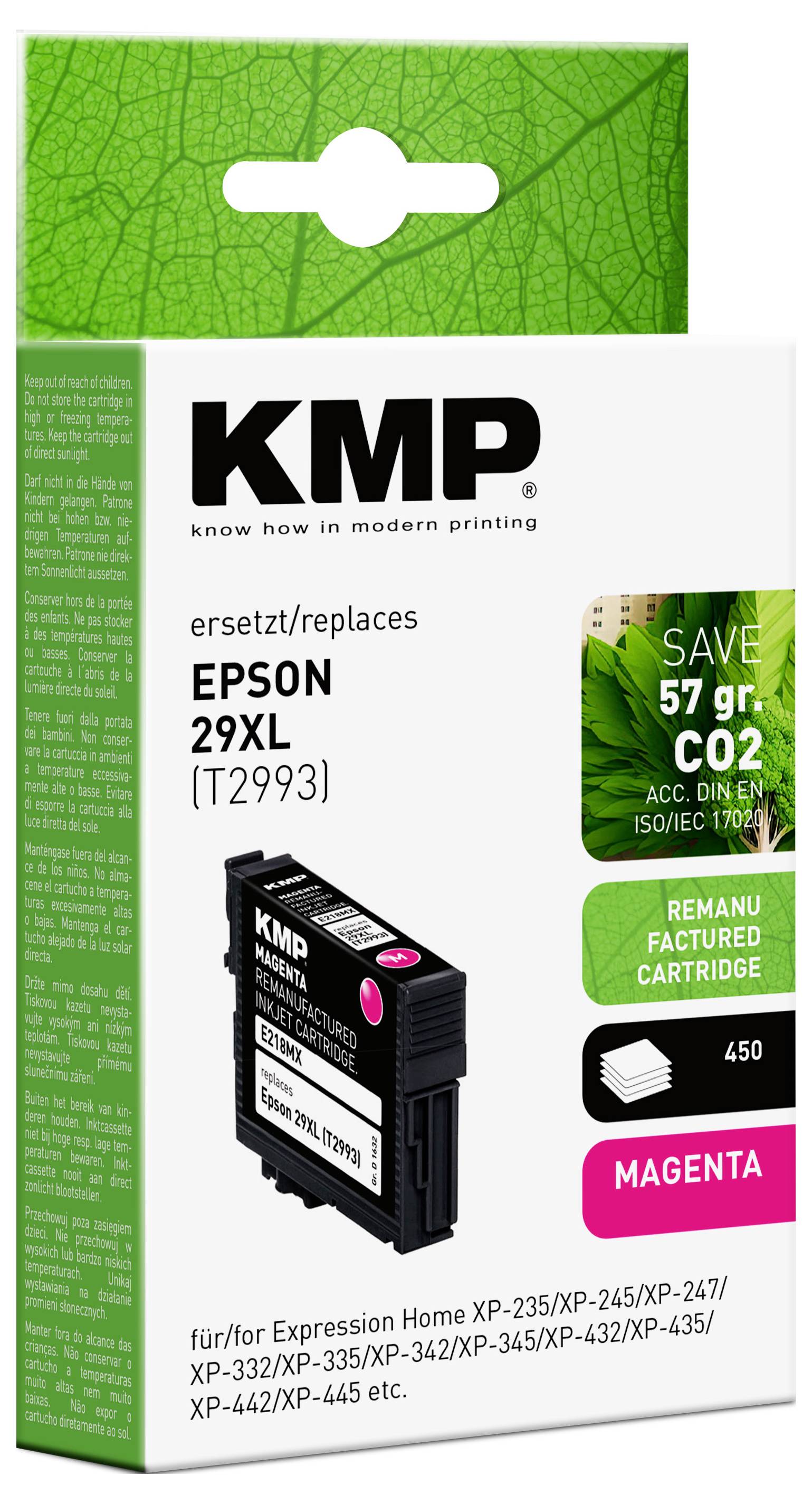 'Epson 29XL (T2993) magenta gereconditioneerde cartridge voor Expression Home XP-serie; bespaart 57g CO₂-uitstoot; drukt 450 pagina's.'