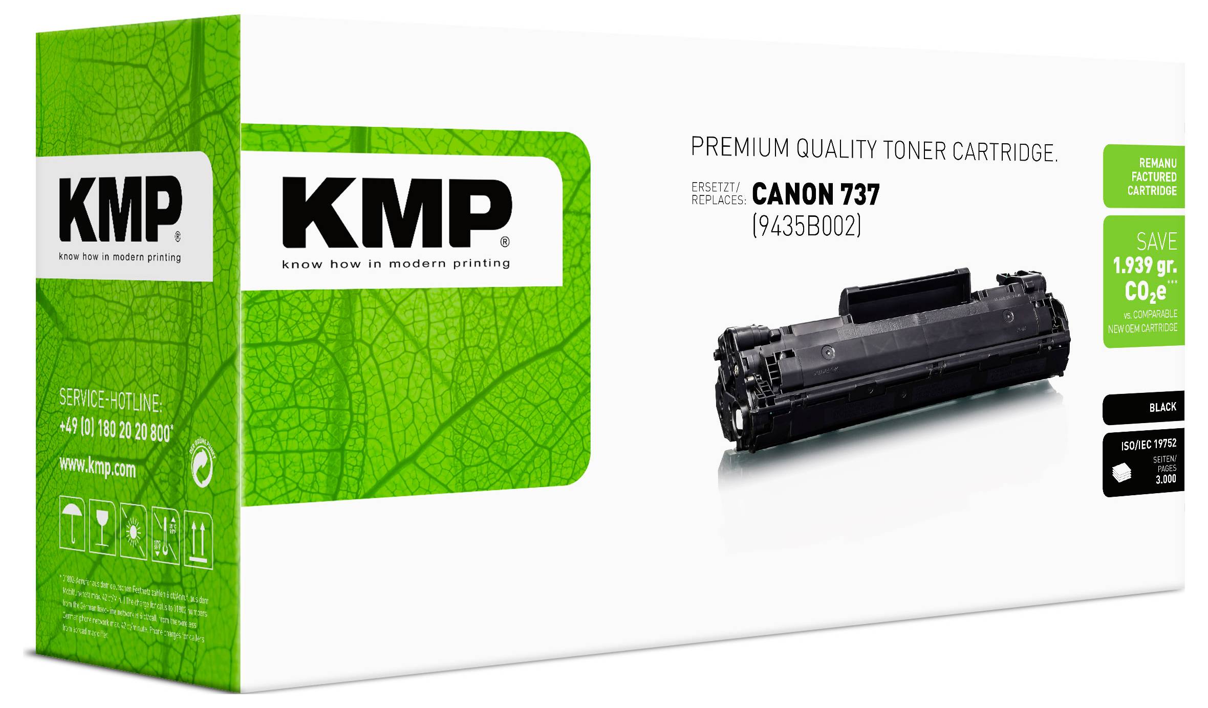 KMP premium kwaliteit tonercartridge verpakking voor Canon 737, met een zwarte tonercartridge en compatibiliteit met Canon 737 (9435B002).