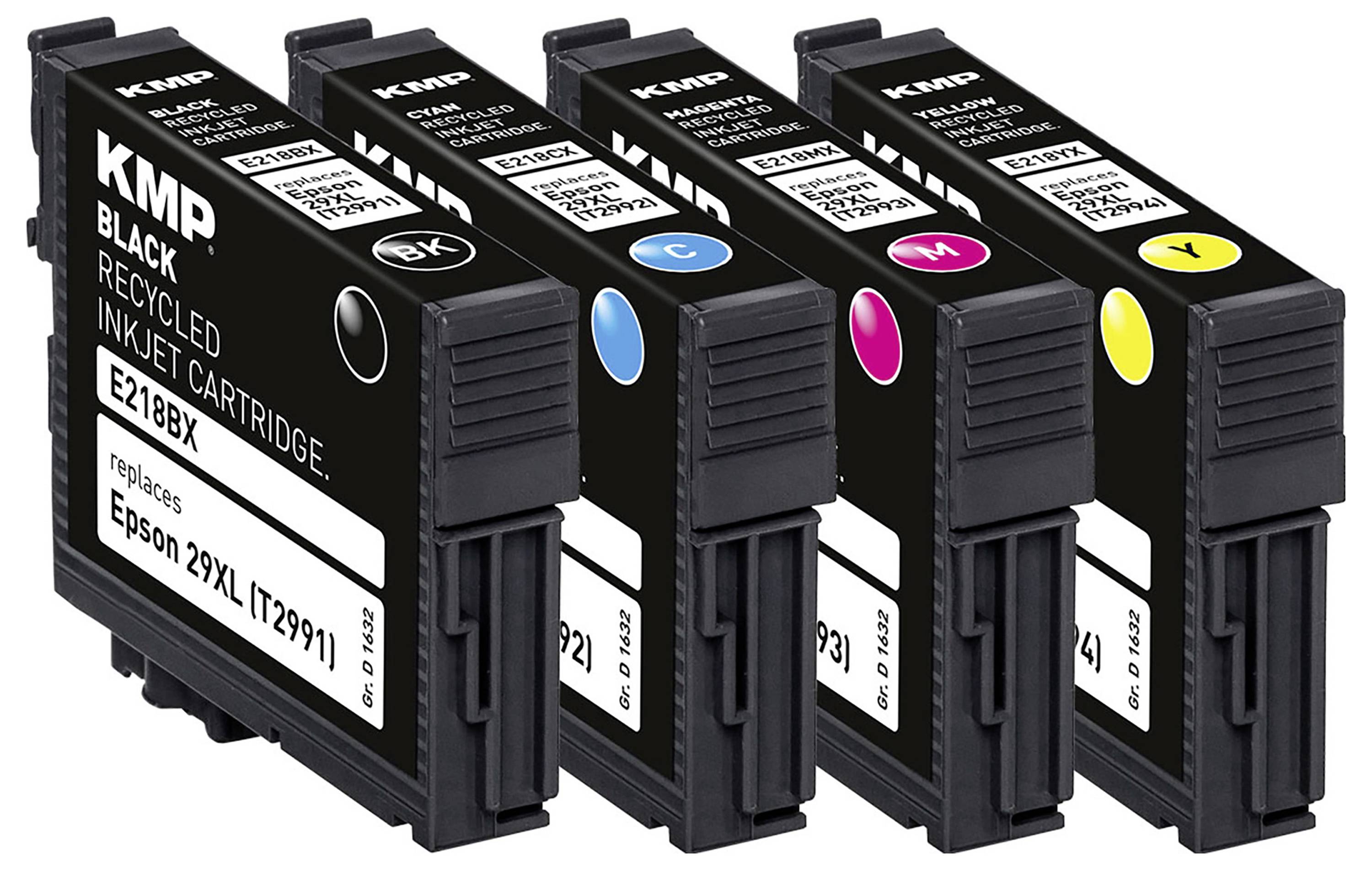 Vier zwarte KMP gerecyclede inktcartridges voor Epson 29XL-printers, gelabeld zwart, cyaan, magenta en geel.