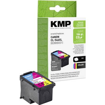 KMP vervangingskleurinktpatroon voor Canon CL-546XL, afgebeeld met verpakking en patroonafbeelding; claimt 'bespaar 106 g CO2e' en 'geregenereerde patroon'.