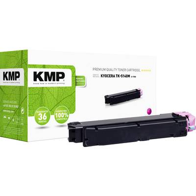 Tonercartridge van KMP, Model 'Kyocera TK-5140M'. Verpakking toont 36 maanden garantie.