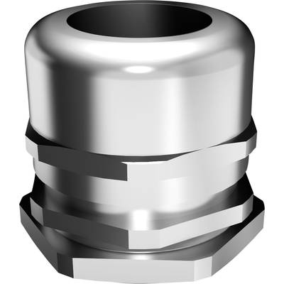Een glanzende, metalen kabeldoorvoer. Cilindrische vorm met zeskantvoet, vaak gebruikt in elektrische installaties.