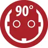 Rood rond logo met een gestyleerd gezicht en de tekst '90°' bovenaan.