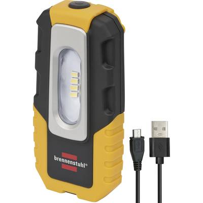Draagbare Brennenstuhl werklamp met USB-oplaadkabel, weergegeven in zwart en geel met een centraal LED-paneel.
