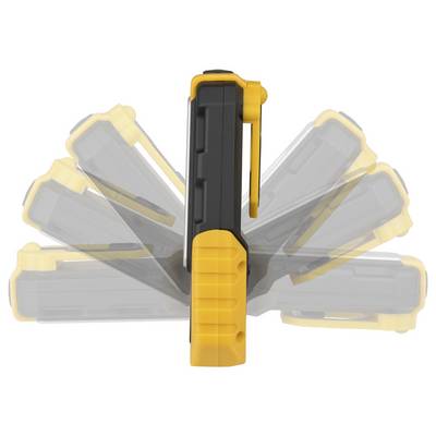 Een geel-en-zwart handheld gereedschap of apparaat weergegeven in meerdere geroteerde posities, zoals een bewegingswaaier of een 360-graden weergave.