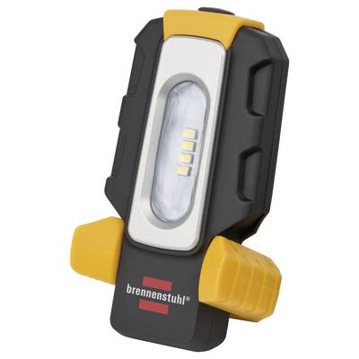 Een zwart en geel draagbaar LED-werklicht met een centraal lichtpaneel en 'brennenstuhl'-logo aan de voorkant.