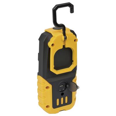 Geel en zwart handheld inspectiecamera met een bovenaan haak, frontale lensopening en zijdelingse bedieningsknop.