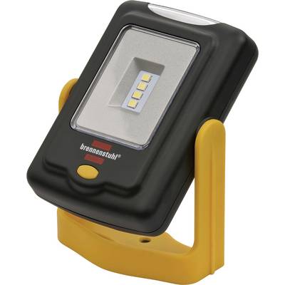 Draagbare zwart-gele LED-werklamp met een inklapbare standaard en vier centrale LED's.