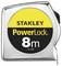 Een zilveren meetlint van het merk Stanley, model 'PowerLock', met een maximale lengte van 8 meter.