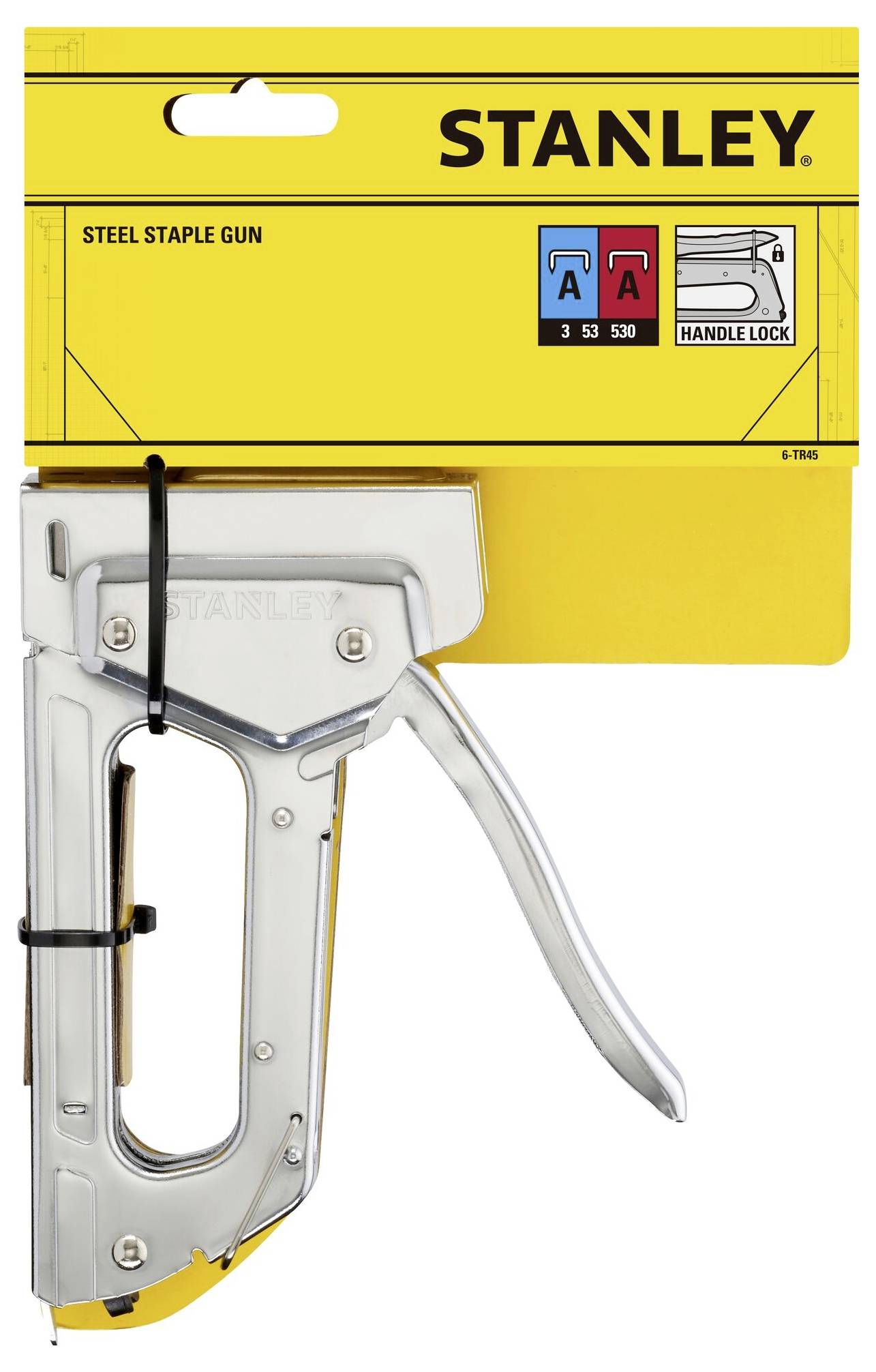 Metalen nietmachine van het merk Stanley, gepresenteerd in de verpakking. Verpakking toont modelnummers, symbool voor vergrendeling van de handgreep en hechtklemtypes.
