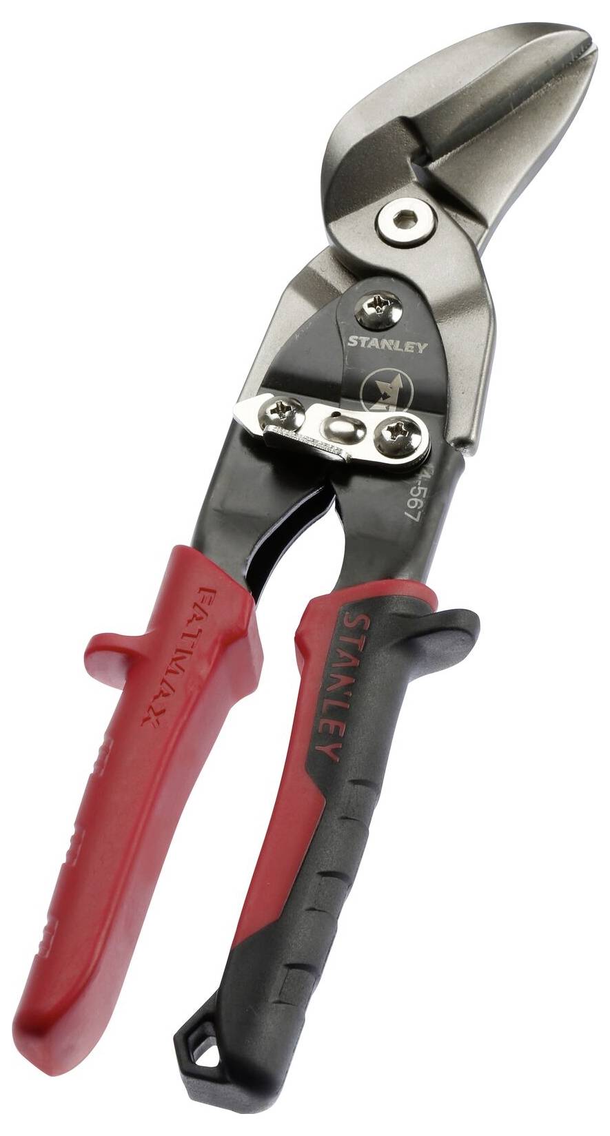 Metaalschaar met zwarte en rode handgrepen, robuust snijgereedschap van staal, geschikt voor precisiegesneden in plaatachtige materialen.