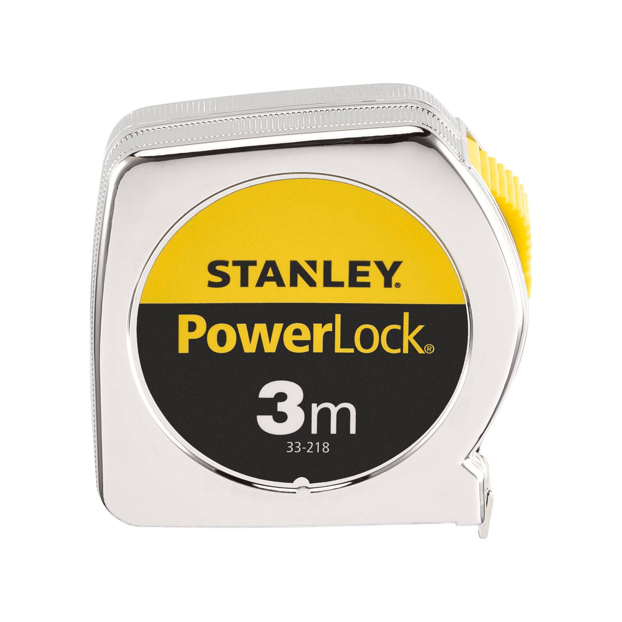 Meetlint met opschrift 'Stanley PowerLock 3m', zilverkluis, geel-zwart design.