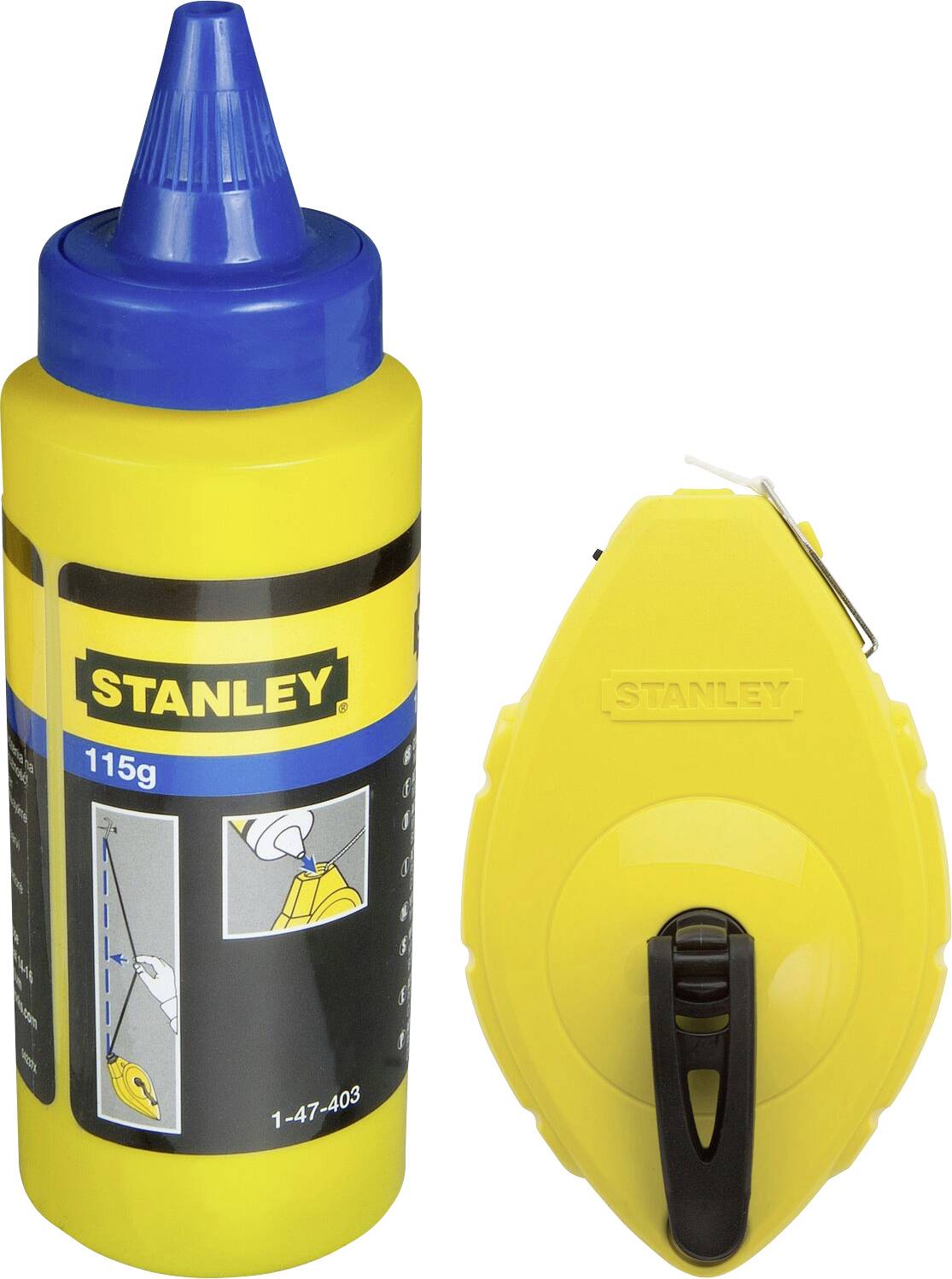 Geel Stanley-markeerapparaat met blauwe markeerlijn en bijpassend krijtpoeder. Voor nauwkeurige markeringen op bouwplaatsen.