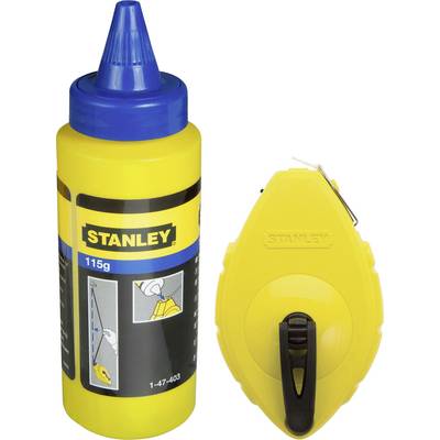 Geel Stanley-markeerapparaat met blauwe markeerlijn en bijpassend krijtpoeder. Voor nauwkeurige markeringen op bouwplaatsen.