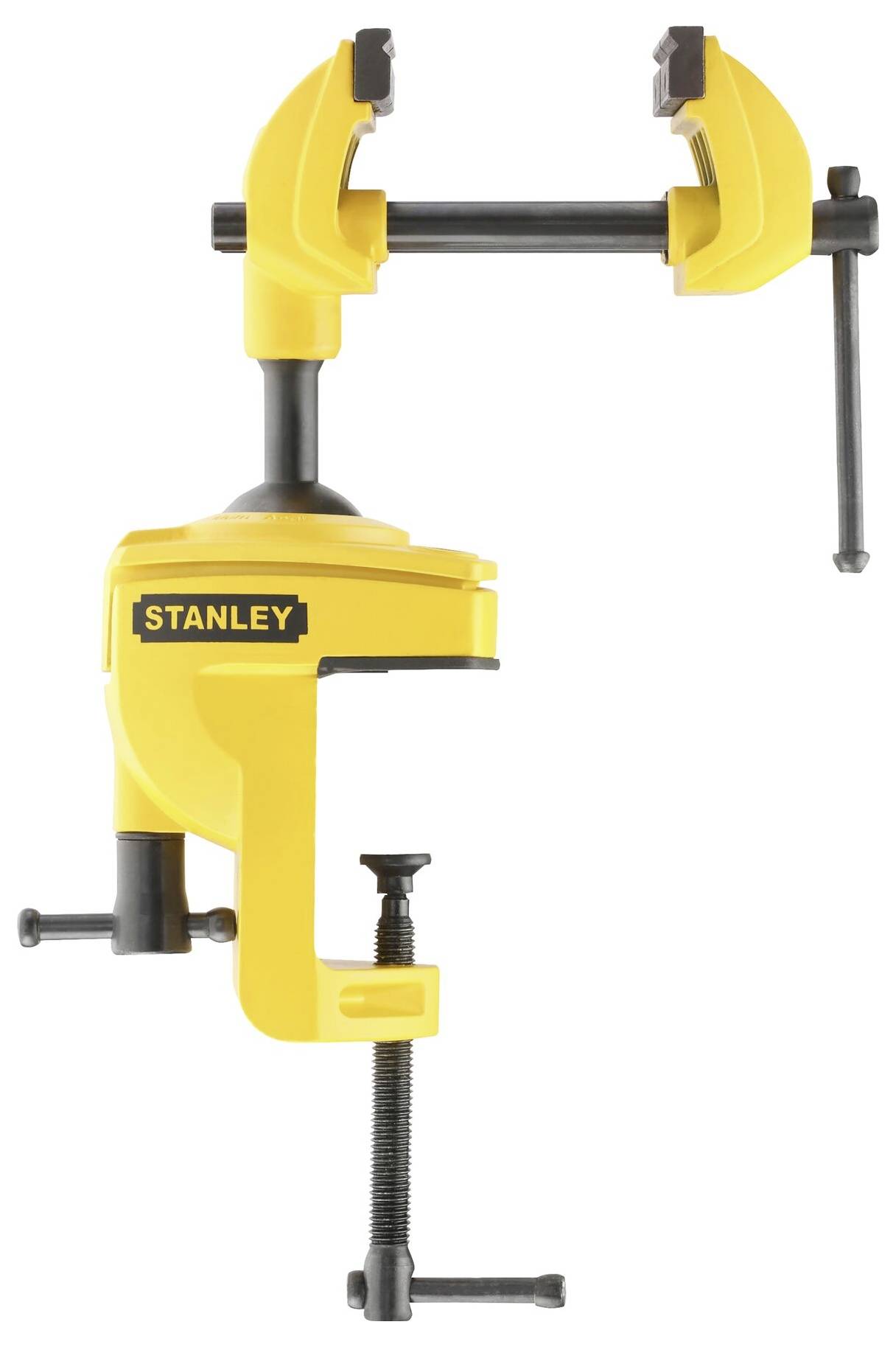 'Een gele bankschroef van het merk Stanley, die aan een tafel kan worden bevestigd.'